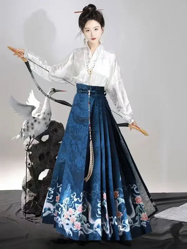 

Chinese Style Women's Hanfu Daily Summer Dress Horse Face Skirt Ming Dynasty Traditional Clothes Hanfu Set