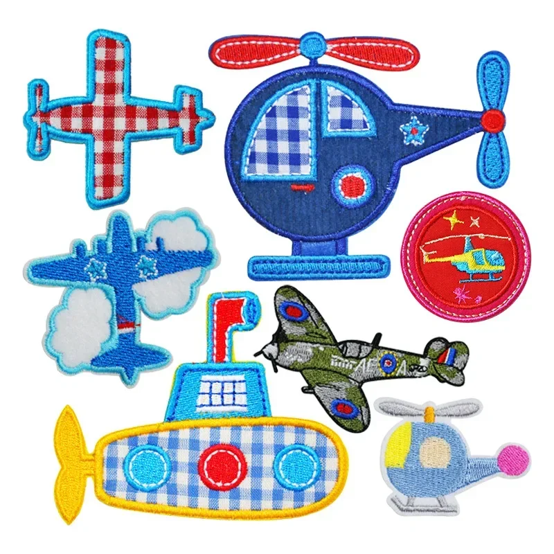 Small Sailing Boat Pattern Embroidery Iron on Patch Cartoon Plane Helicopter Steamship Cloth Stickers Colorful Balloon Appliques