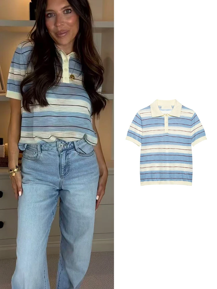 

TFMLN New Knitted Sweater Shirt For Women Pullovers Summer Short Sleeve Turn Down Collar Striped Thin Tops Leisure Clothes