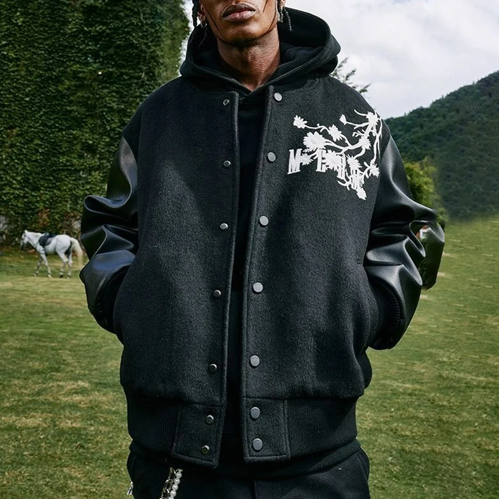 Autumn And Winter Fashion Trend Jacket Couple Coat American High Street Daisy Embroidered Baseball Jacket Coat Mens Clothing