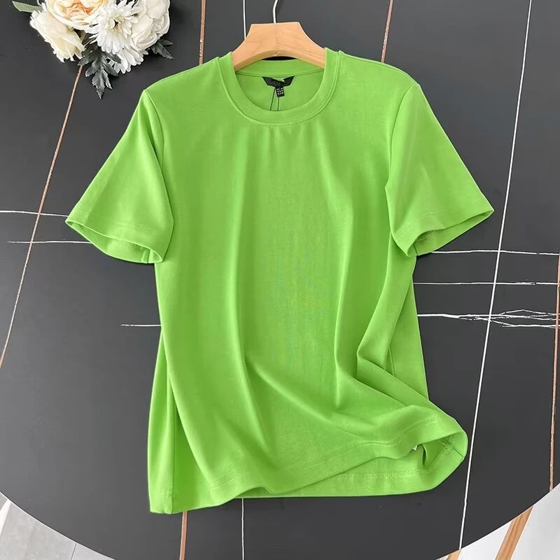 

Maxdutti 2024 Round Neck Solid Color Summer T-shirt Women Cotton Short Sleeve Nordic Tshirts Ladies Minimalist Basic Top