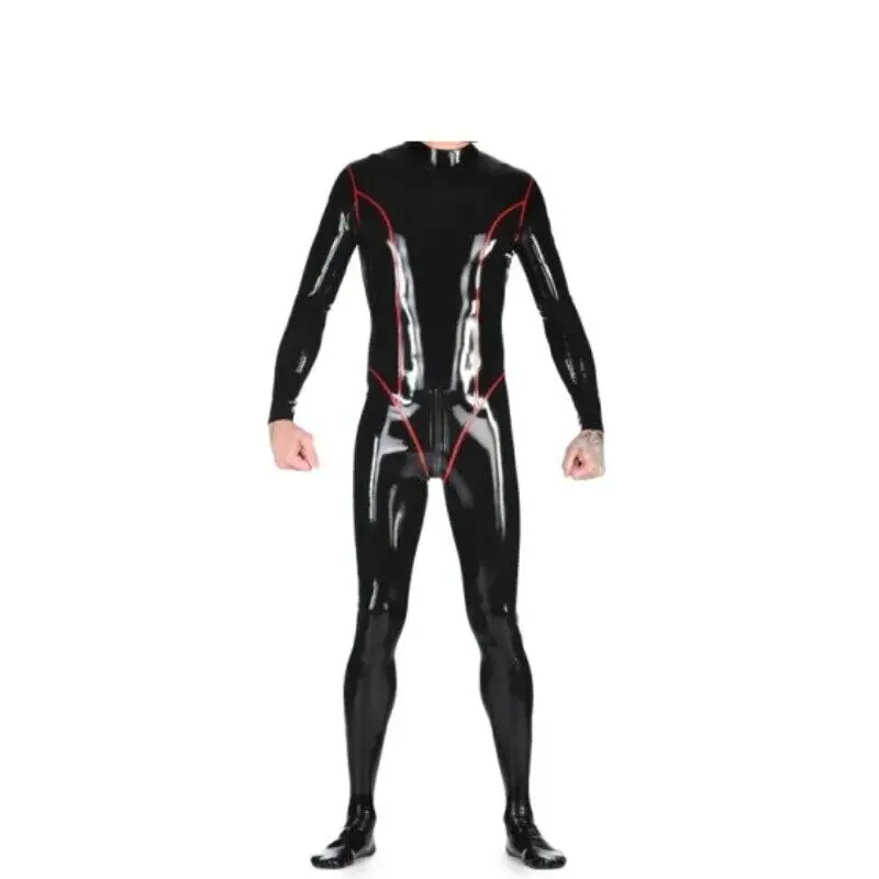 100% Latex Rubber Schwarz Bodysuit Catsuit Red Stripes Rear Zip 0.4mm S-XXL