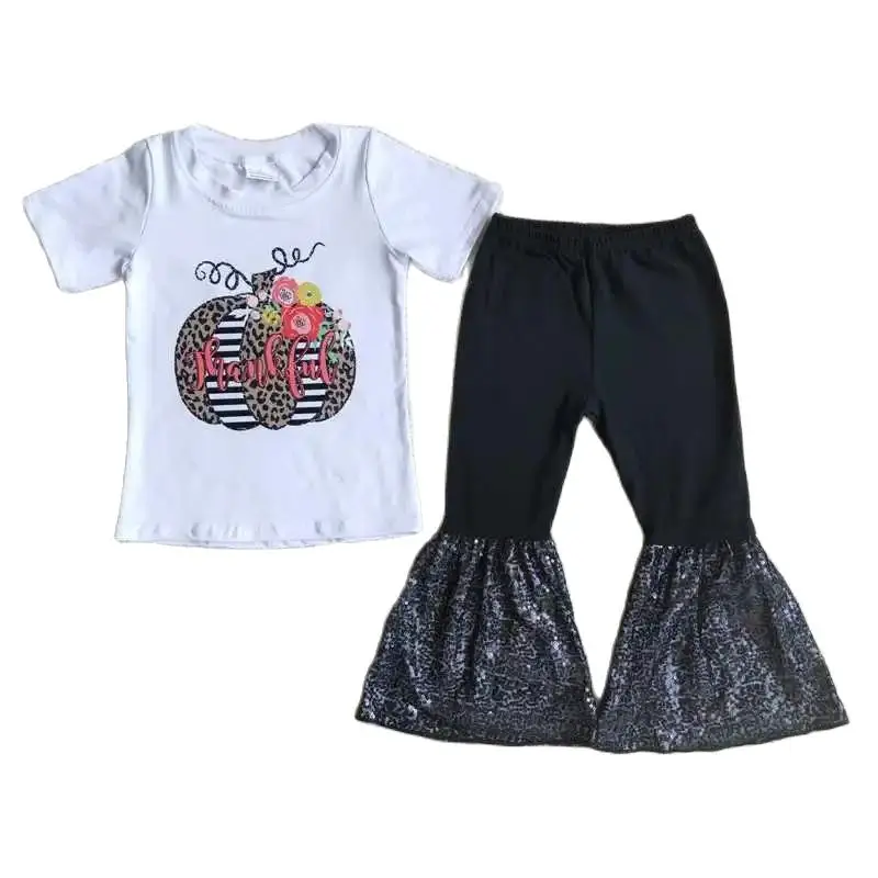 

2022 RTS Wholesale Hot Selling White Leopard Print Pumpkin Short Sleeve Shirt Black Pant Baby Girls Clothes Boutique Set Fashion