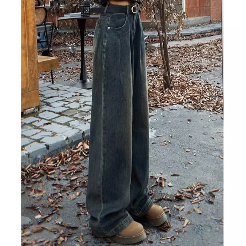Woman High Waist Loose Wide Leg Pants Female Straight Leg Jeans Girls Fashion retro blue khaki gray light Blue Denim Trousers