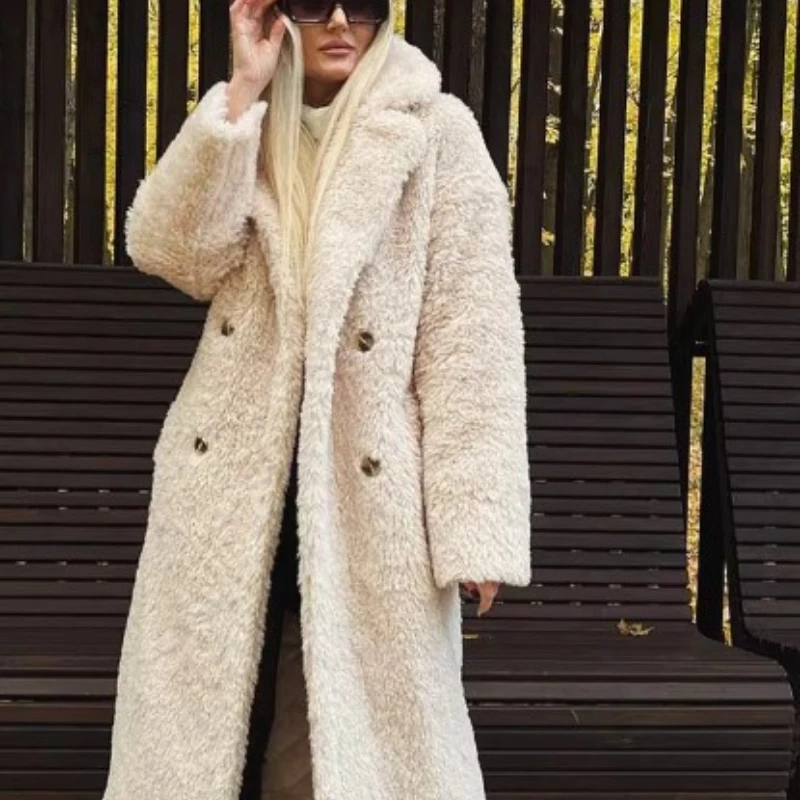 

Cross-border Comfortable Women's Clothing New European and American Style Winter Warm Double-breasted Long Lamb Wool Coat