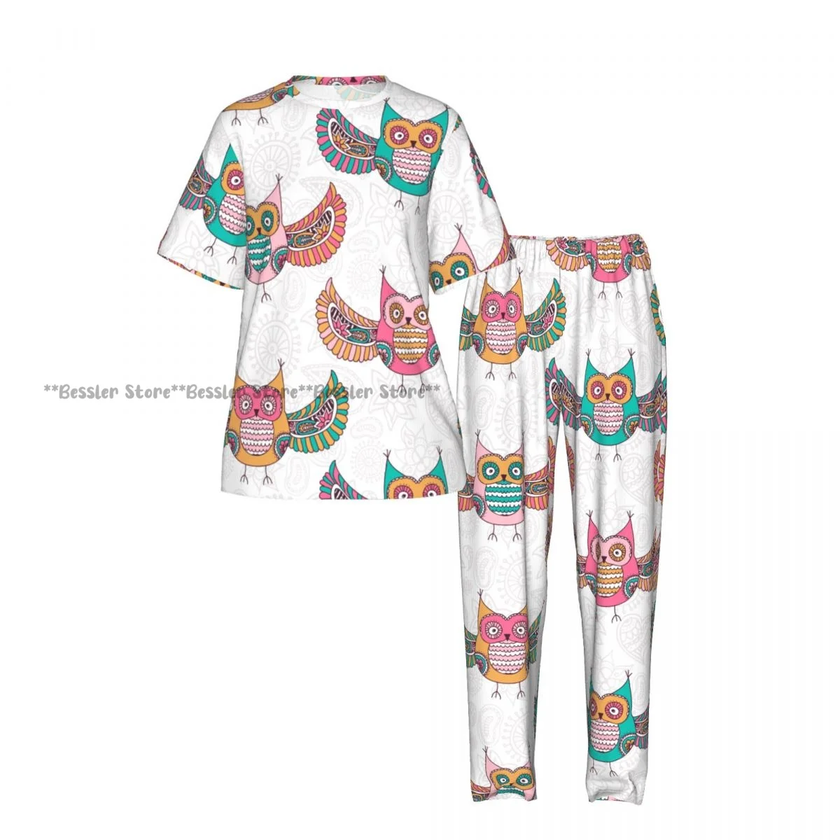 Women's 2-piece set Coloured Owls Pajamas Short sleeved Top and Pants Sleepwear