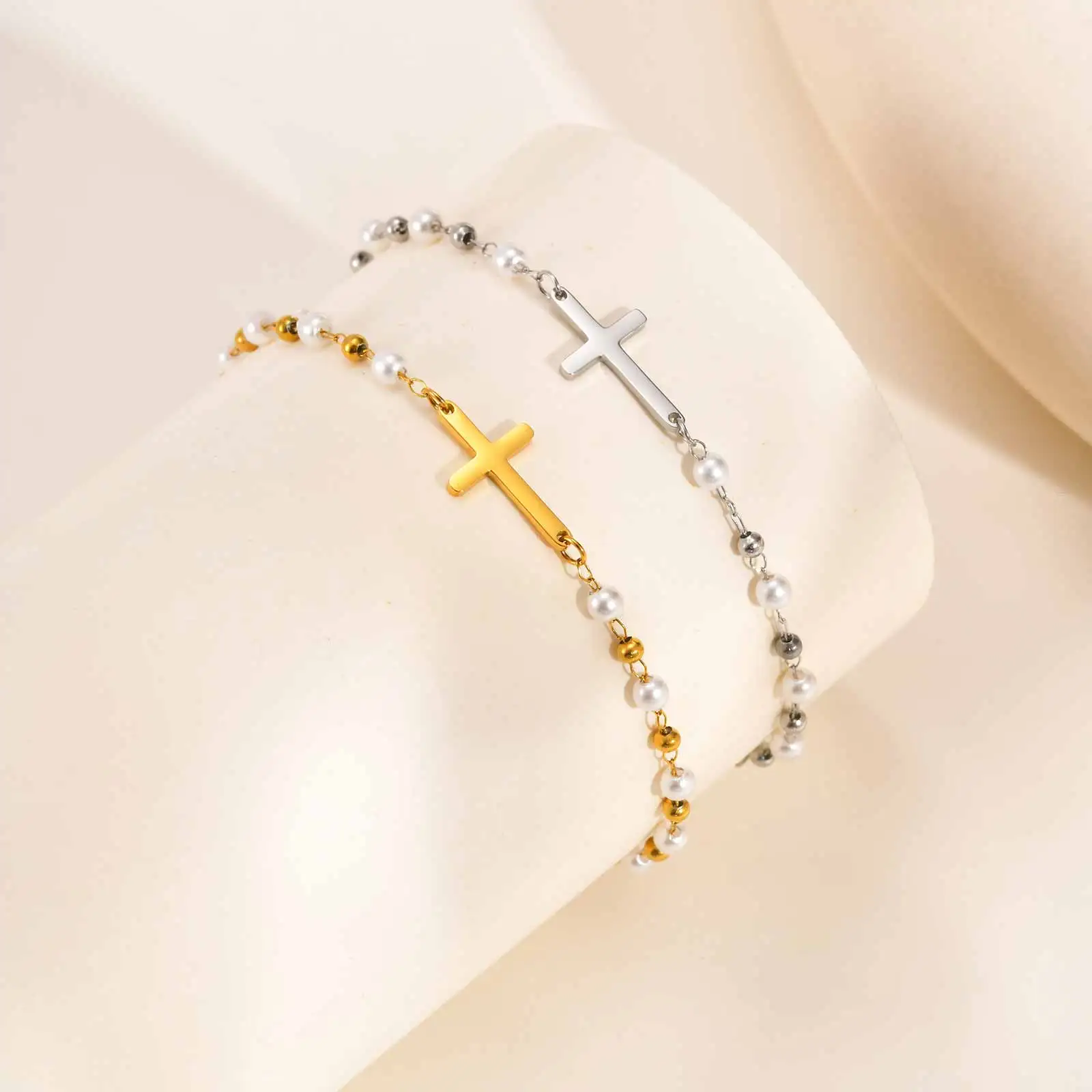 18K Gold Plated Pearl Cross Children Bracelet, Adjustable Stainless Steel First Communion Baptism Gift for Girls Boys