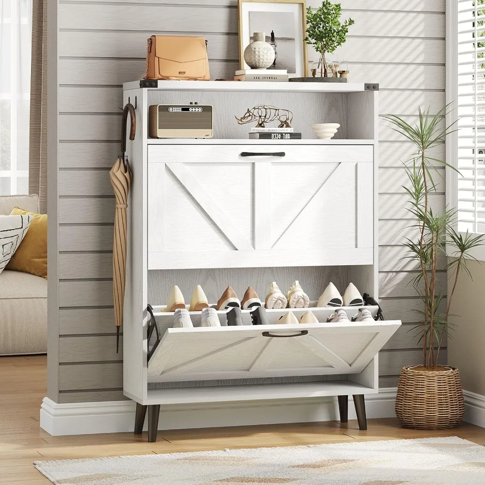 슬림형 신발 수납장, 이중 서랍과 개방형 선반으로 좁은 공간에도 적합