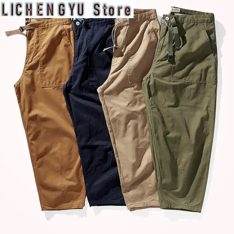 

Осенние новые японские ретро однотонные тканые прямые брюки с карманами, мужские брендовые потертые саржевые свободные повседневные широкие брюки