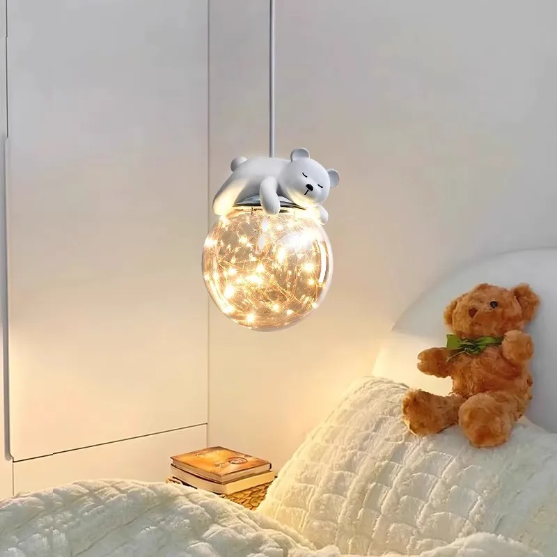 Children's Room LED Pendant Chandelier White Bear Bunny Pendant Light Home Indoor Bedroom Decor Hanging Lamp Glass Bedside Light