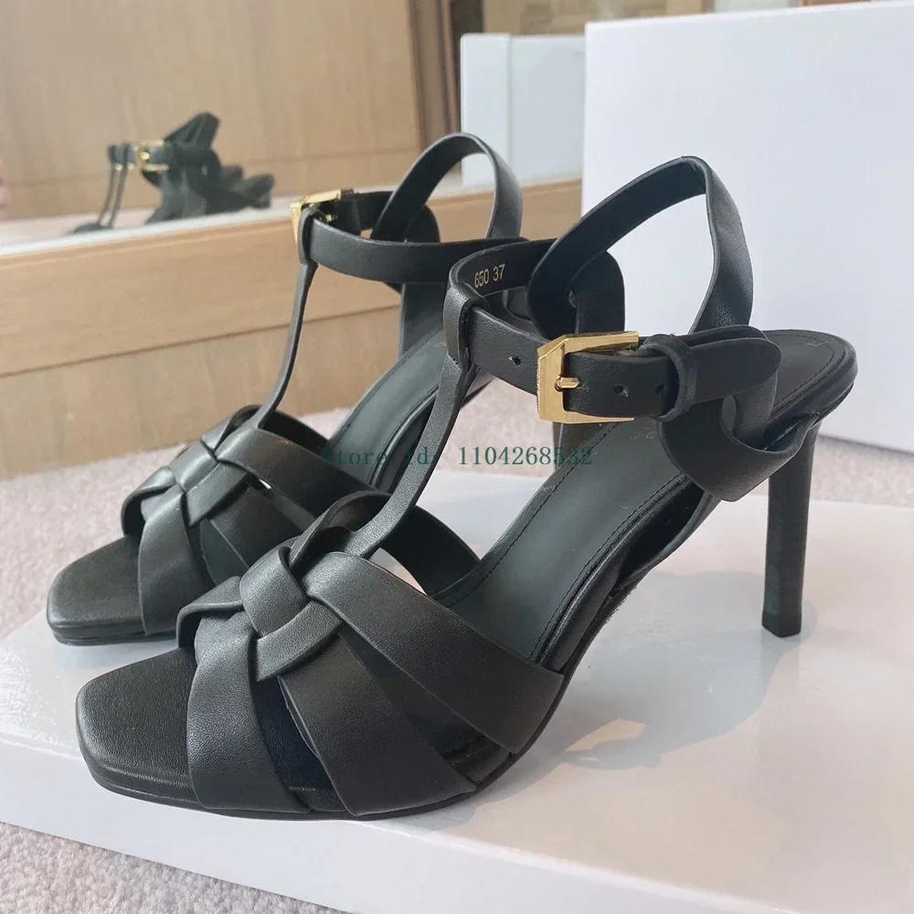 

Red T Strap Weaving Open Toe Sandals Sexy Square Toe Thin Heel Buckle Strap New Arrivals Fashion Women Runway Shoes