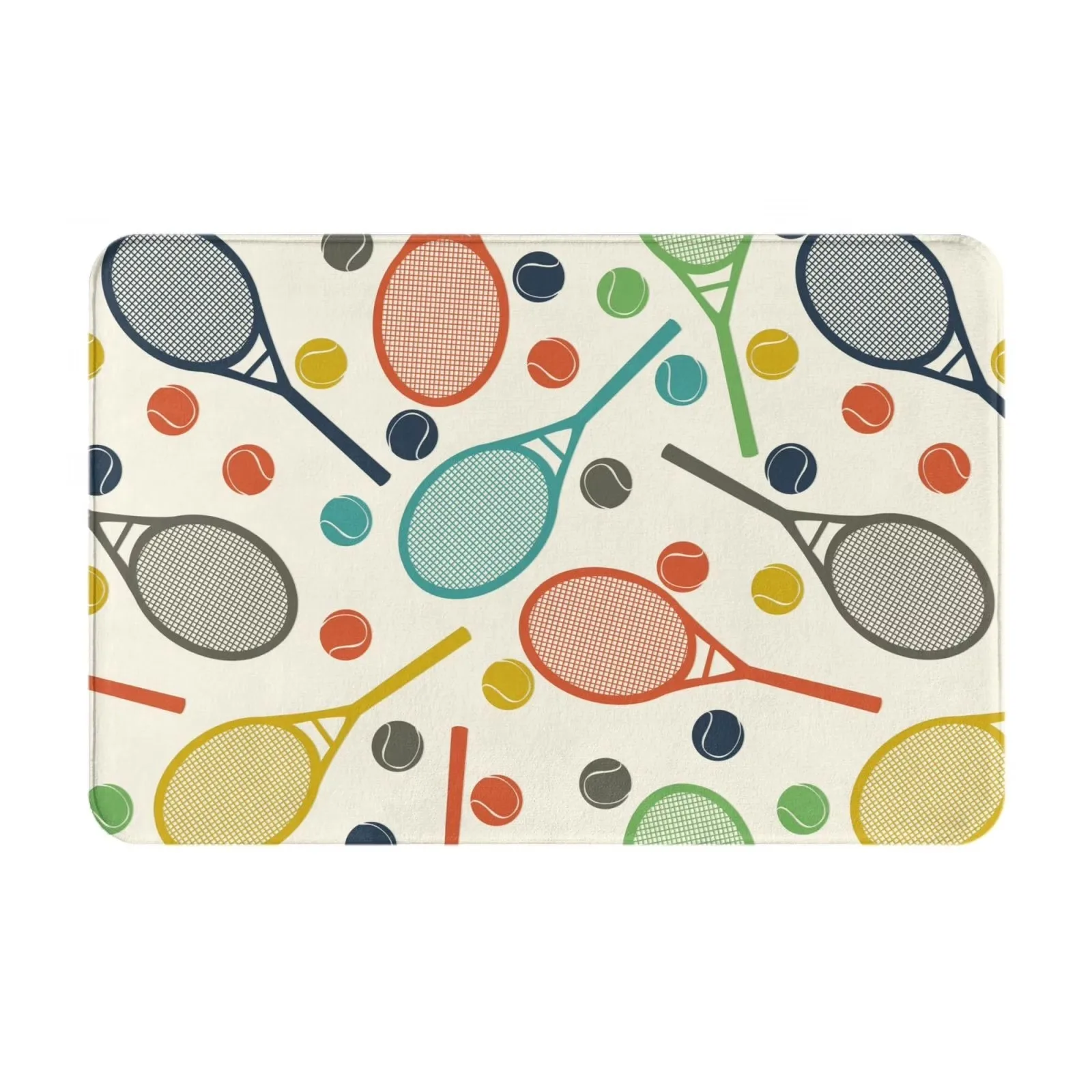 Tennis Racket and Ball Print Polyester Flannel Entryway Mat Durable Non-Slip Floor Mat for Front Door Home Decor