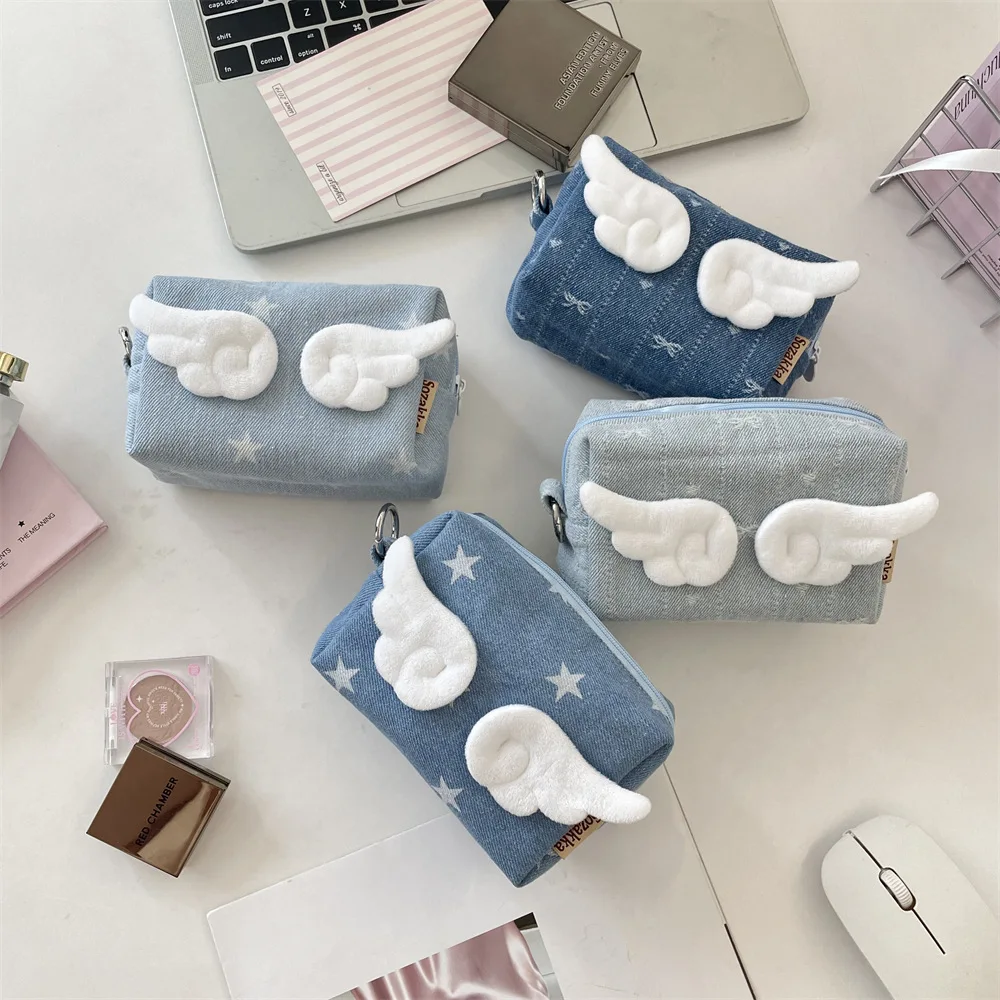 

y2k Angel Wings Creative Wallet Stars Denim-colored Coin Storage Bag Student Cosmetics Portable Handbag Lipstick Storage Bags