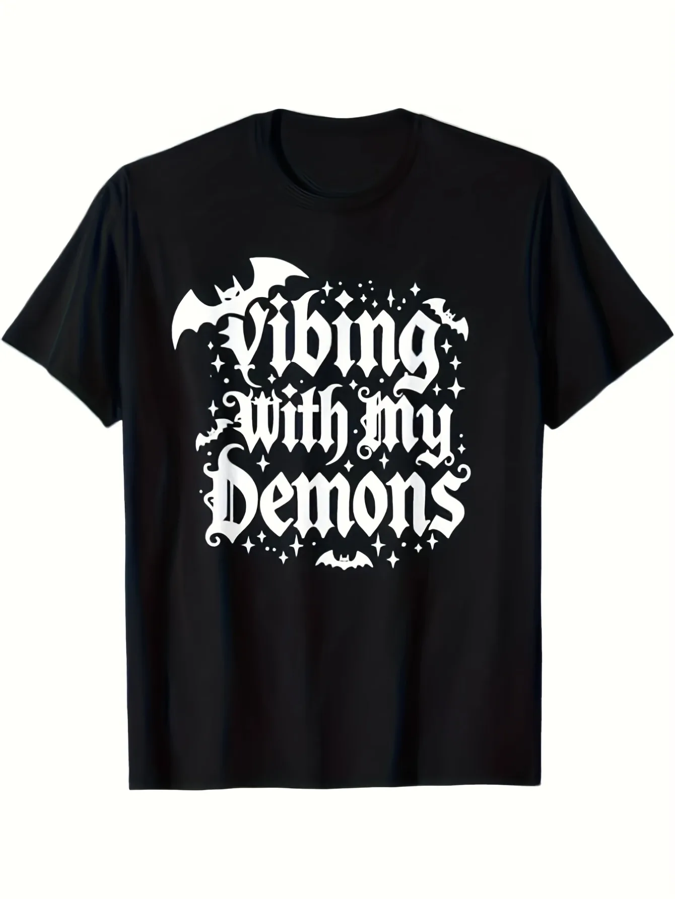 

Men'S and Women's Vibing with My Demons Gothic Graphic T-Shirt Black White Bat Print with Stylized Text Casual Crew Neck Top