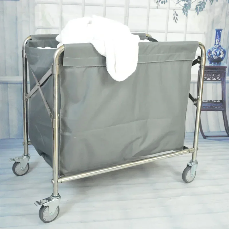 Folding Linen Cart, Stainless Steel Collection Trolley, Cleaning Room, Hotel Guesthouse, Room Service Car, Work Car