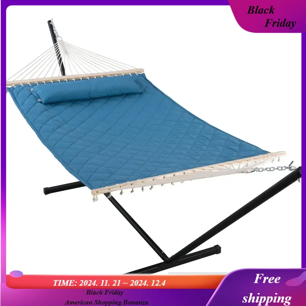 Double Hammock with 12 Feet Heavy Duty Steel Stand Combo,2 Person Quilted Hammock with Stand , 450 LBS Weight Capacity, Blue