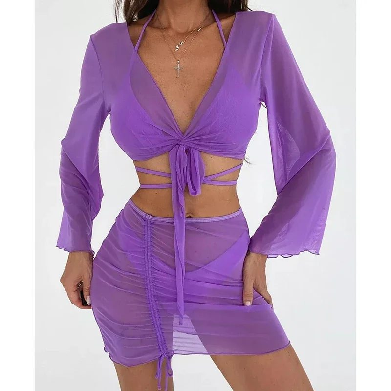 

Sexy Bikini Set Women Swimsuit Split Halter Triangle Micro Bikini Mesh Cover Up 2025 New Beach Vacation Bathing Suit Three Piece