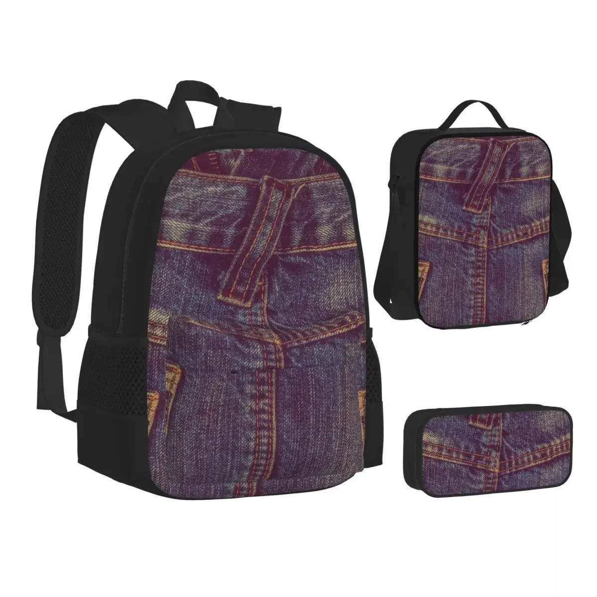 

Two Violette Pocket I Love Bluejeans Denim Backpack Bookbag School Bags Cartoon Kids Rucksack Lunch Bag Pen Bag Three-Piece Set