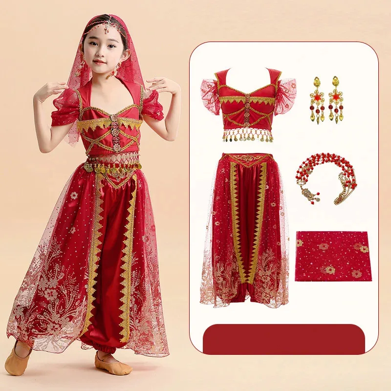 Vestido de princesa Cospaly de Halloween, conjunto de princesa Jasmine para niños, vestido de actuación de danza india para niñas, vestido de actuación en escenario