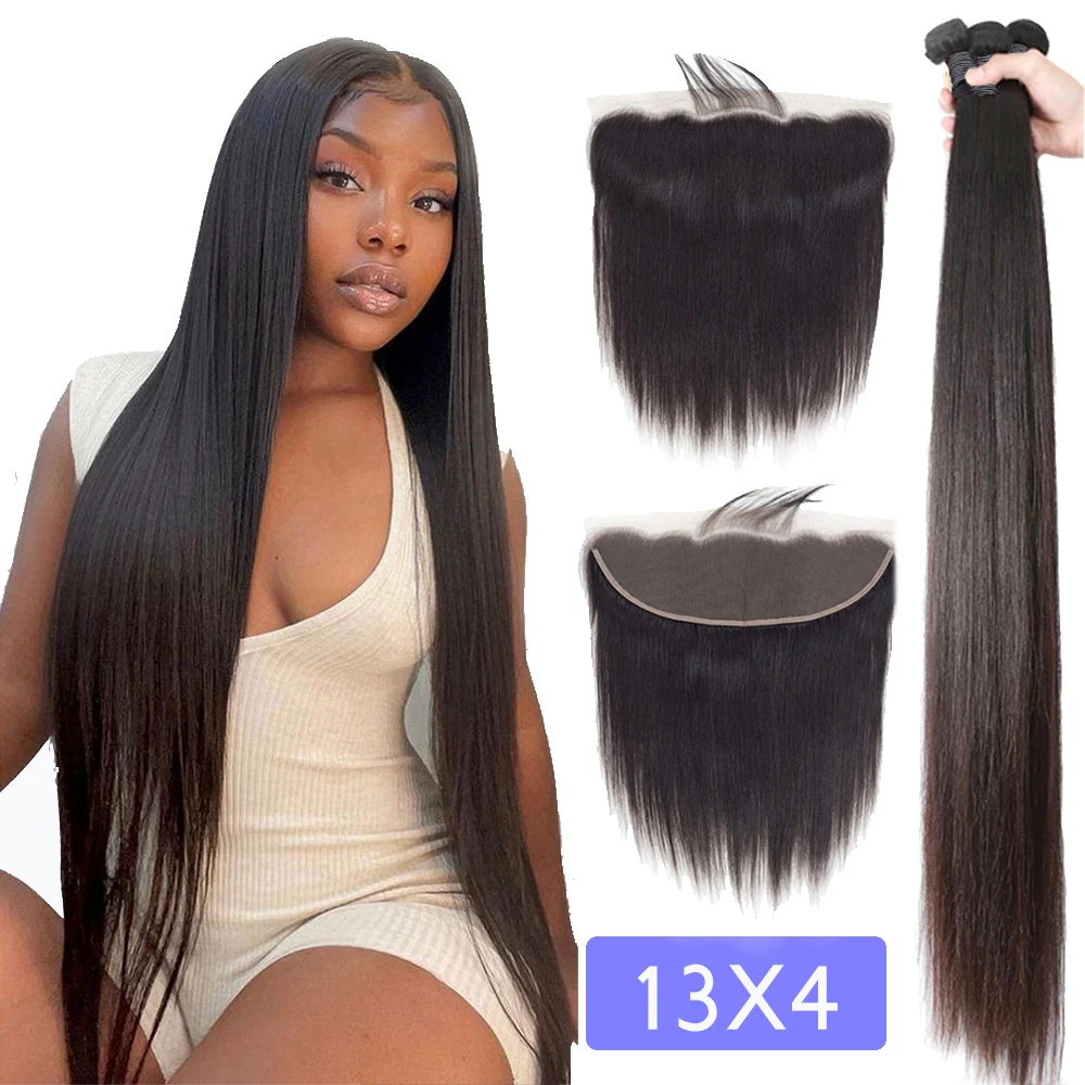 

Brazilian Straight Hair Bundles With Frontal 30 32 34 36 inch Human Hair Bundles With 13X4 Transparent Ear to Ear Lace Frontal