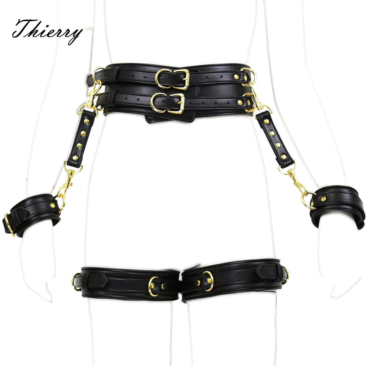 Thierry-Juego de esposas de cuero PU para parejas, puños para piernas, cinturón de cintura, ataduras de Bondage, Juguetes sexuales BDSM, juegos para adultos, 4 unidades por juego