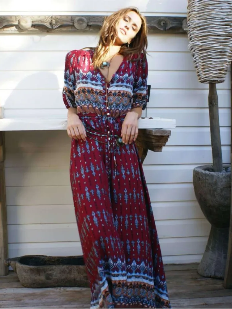 Casual Bohemian Long Dress Women Fashion  Floral Print Button Maxi Dresses Spring Summer Beach Vacations Vestidos Female