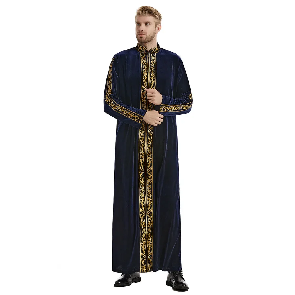 Men Islamic Arabic Kaftan Muslim Clothing Long Sleeve Velvet Embroidery Abaya Robes Fashion Saudi Arabia Dubai Mens Jubba Thobe