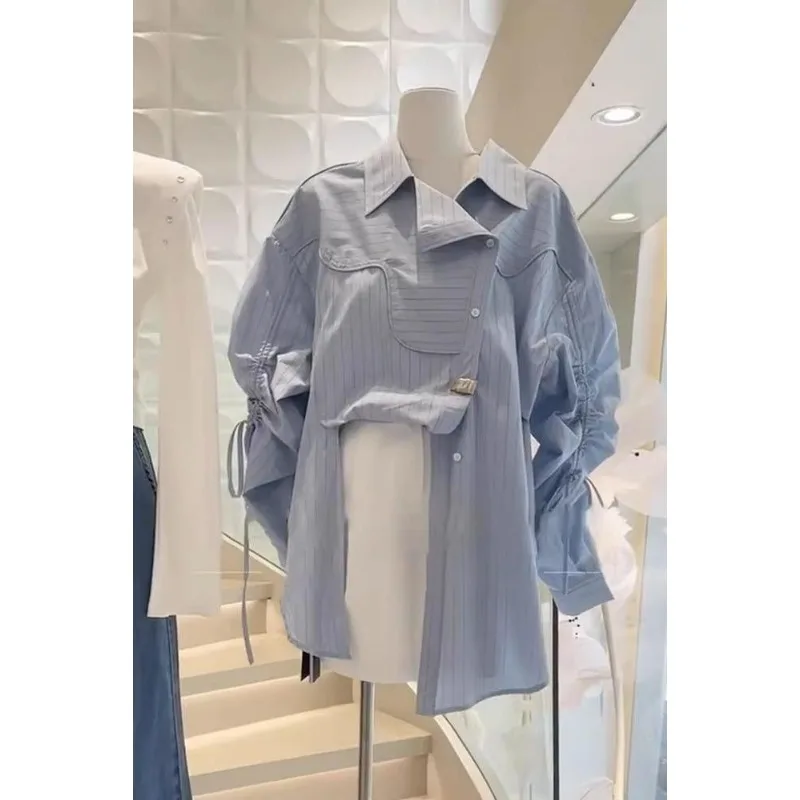 Long-sleeved Shirt Striped Button Cardigan Irregular Top Chic Drawstring Loose