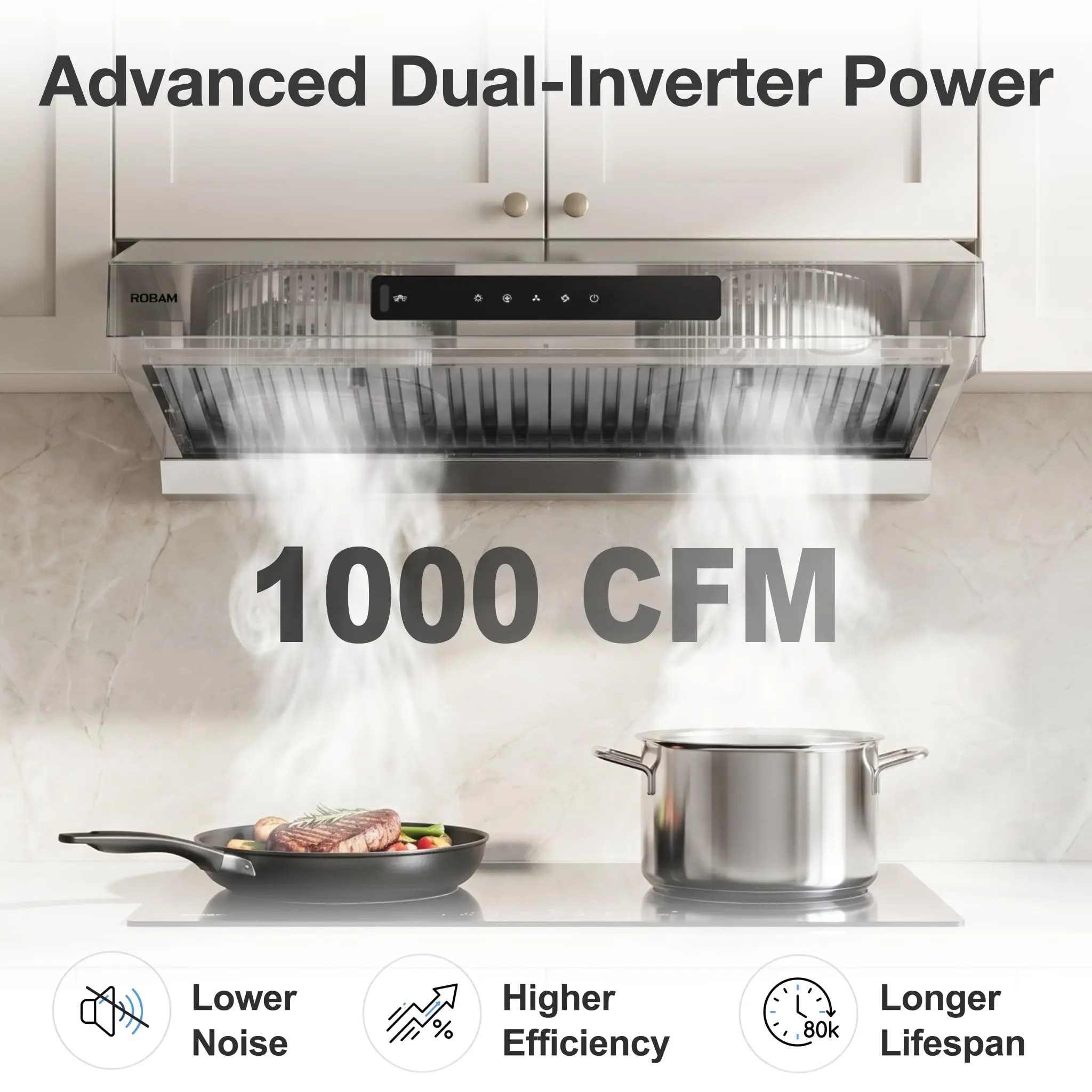 Range Hood 30 Inch 1000 CFM, Under Cabinet Ducted Kitchen Hood, 304 Stainless Steel, Dual Motor, Easy Clean Filters