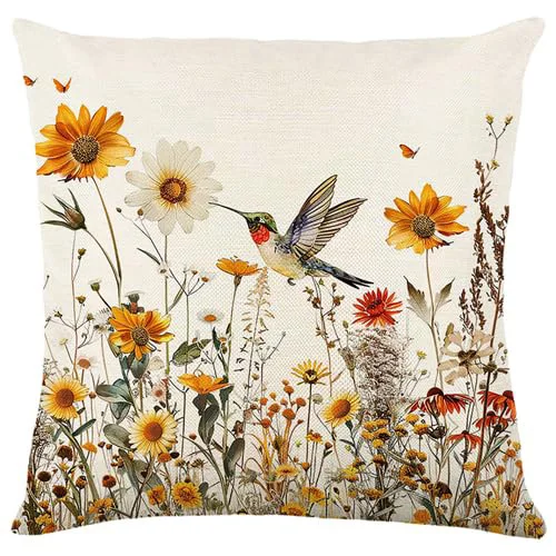 Home Decor Hummingbirds & Butterflies in Wildflowers Pillow Pattern Cushion Cover Suitable for Sofa Bedroom Car Pillow Cover