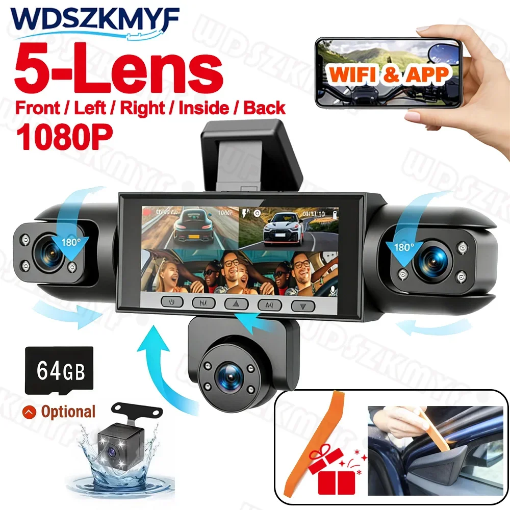 5Camera Dashcam 360 Degrees WiFi Enabled Rotatable Lens 1080P HD Parking Monitoring Black Box Dashcam Loop Recording for Car