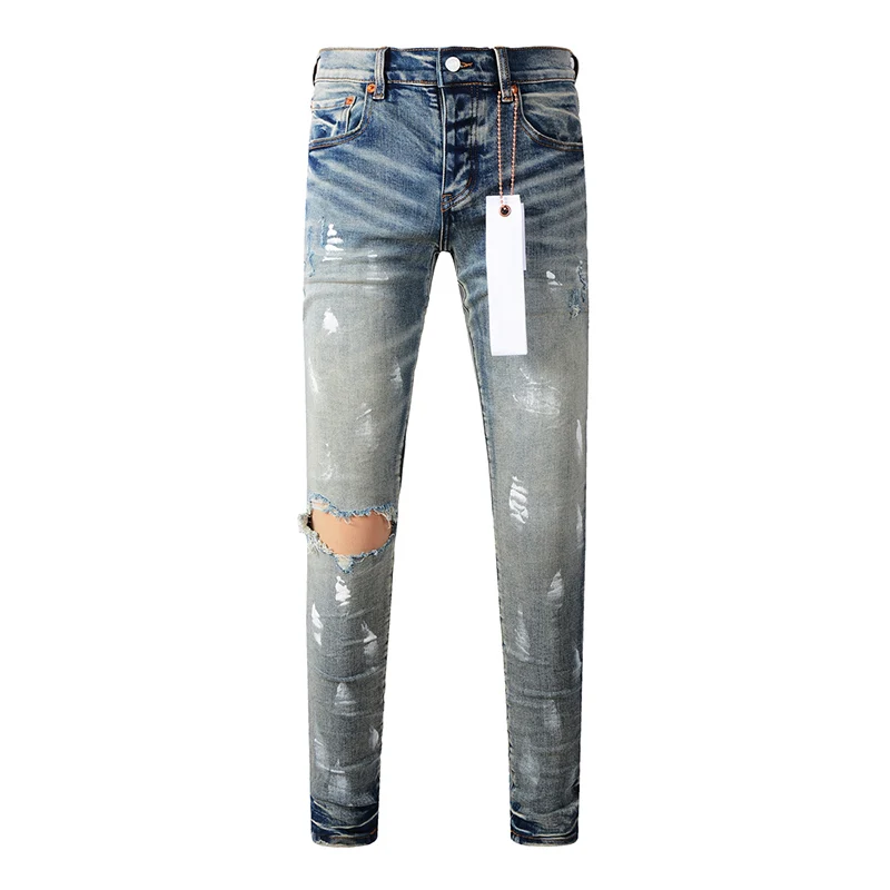 

Summer's Distressed Light Indigo Streetwear Button Fly Ripped High Stretch Skinny Destroyed Holes Scratched Jeans Pants