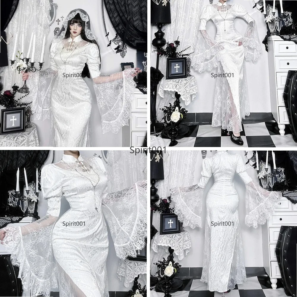 Vestido de Cosplay Gótico Lolita, Disfraz de Halloween Punk Grunge, Elegante Vestido Largo de Encaje Negro sin Mangas, Sexy para Fiesta Nocturna
