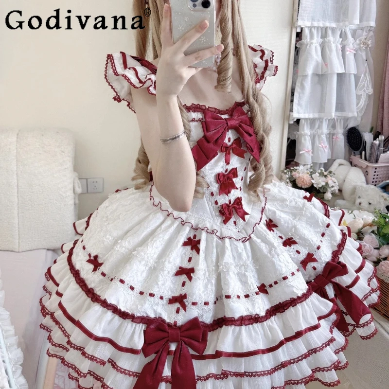 

Red and White Ballet Style Elegant Dress Women's Gorgeous Lolita Daily Princess Dress Female Lolita Sweet Birthday Dress