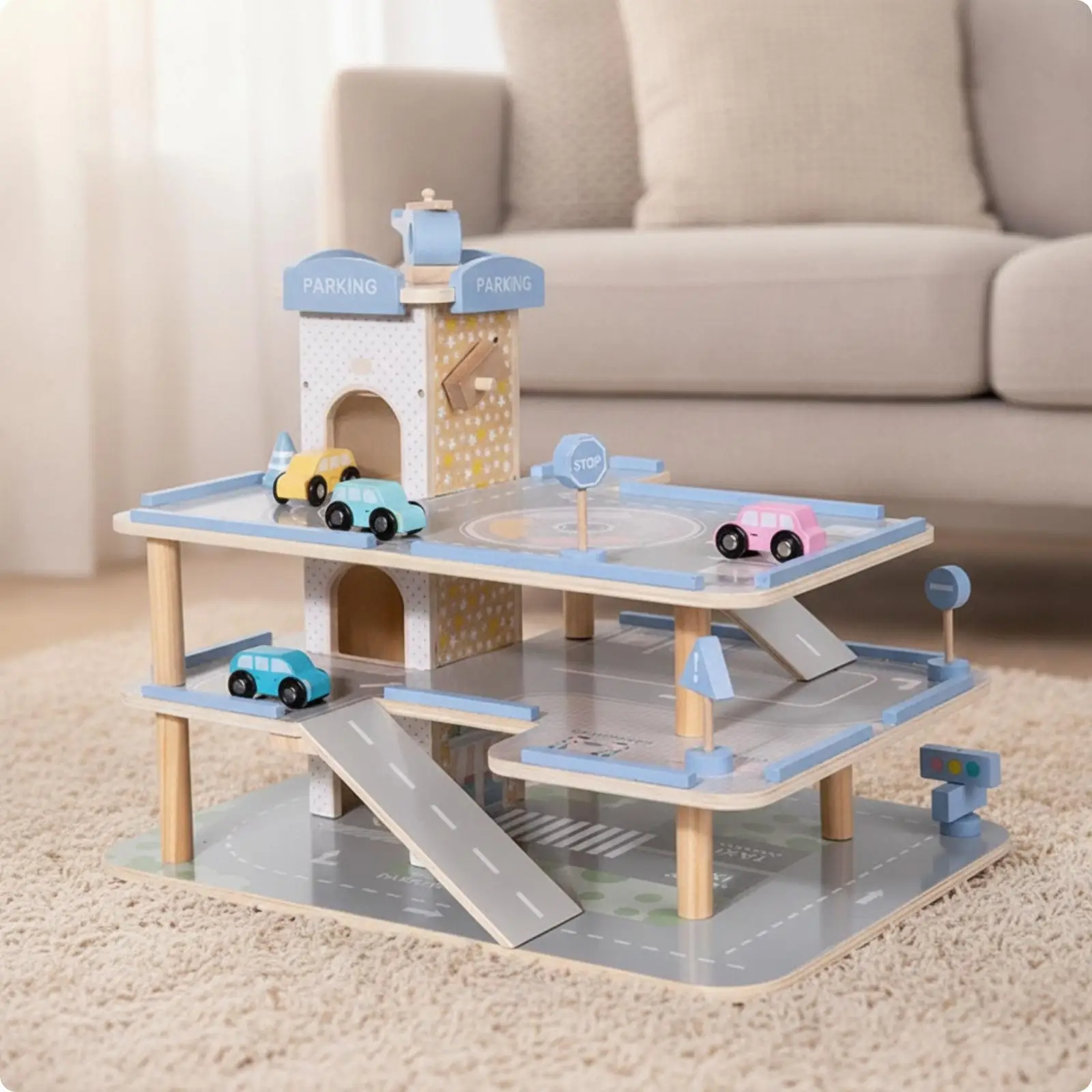 Wooden Parking Garage Pastel Toy Car Ramp Central Structure Compact for Toddlers