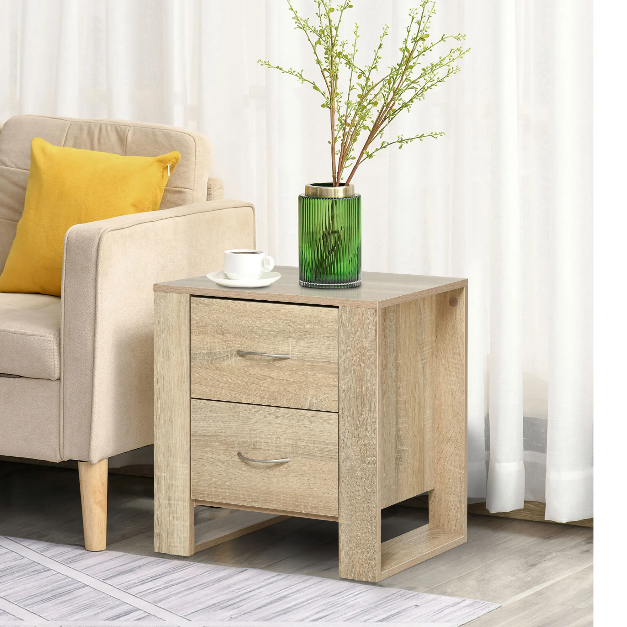 HOMCOM 2 Drawer Boxy Bedside Table w/ Handles Elevated Base Oak Brown