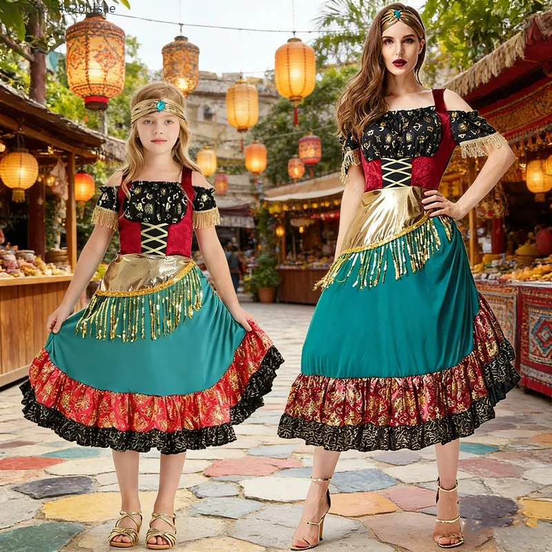 Vestido Flamenco Gitano para Mujer Adulta, Traje Folclórico para Espectáculo de Vals y Tango, Disfraz de Carnaval, Fiesta, Disfraz Elegante