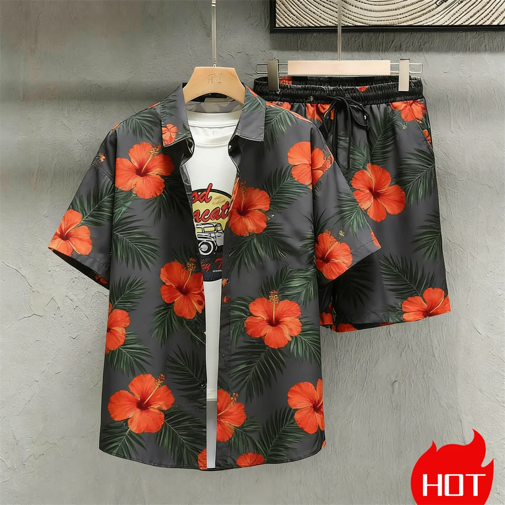 Summer Hawaiian Shirts Suit Men Plant Pattern Tops Clothing Fashion Casual Oversized Bamboo Print Lapel Blouses Camisa Masculino