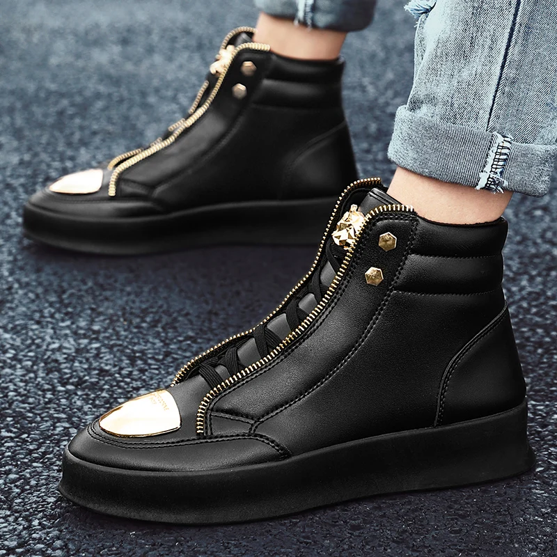 Zapatillas de deporte altas de piel de serpiente roja para hombre, zapatos planos informales con cremallera, moda de lujo, Club, Hip Hop, ropa de