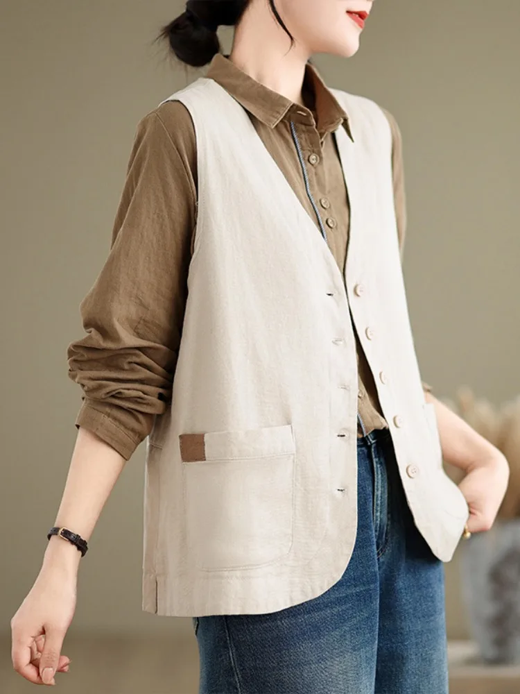 

Хлопково-льняной жилет, женский весенне-летний новый повседневный многослойный жилет с v-образным вырезом, утягивающий льняной топ, тонкий