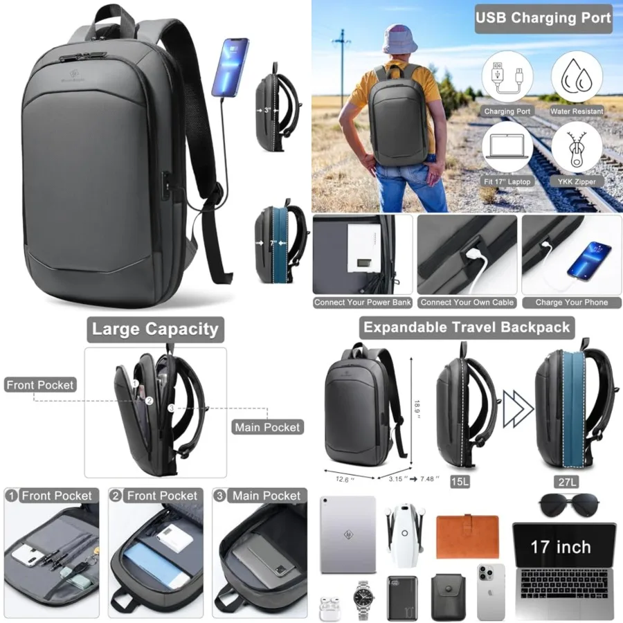 

Business Backpack for Men, Slim and Expandable Waterproof Travel Laptop Backpack with USB Charger Port