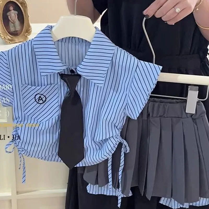 

2-7Y Summer New Girl Suits Baby Set Fashionable Vertical Stripe Short Sleeve Top+Skirt Set 2 Peices