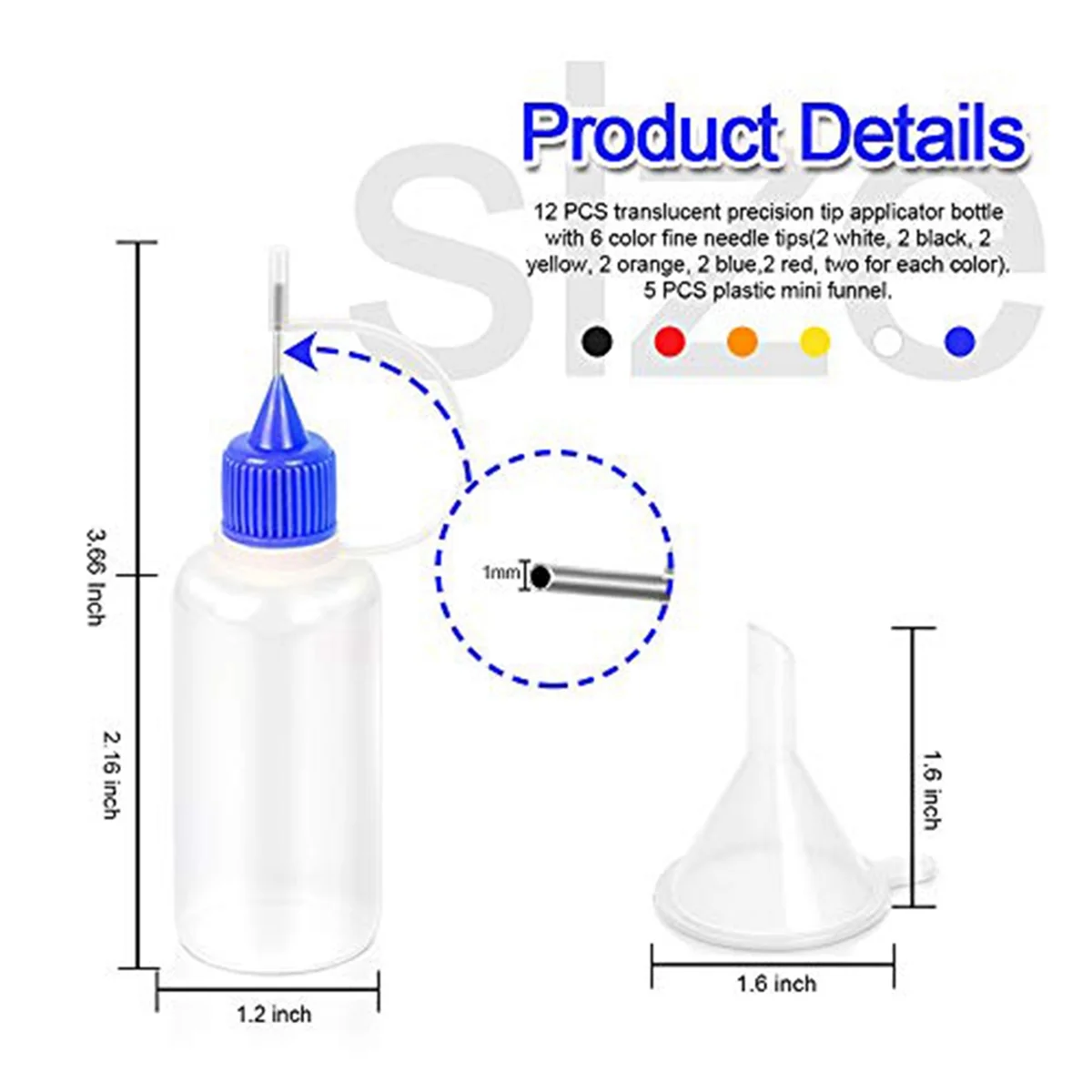 12PCS Precision Tip Applicator Bottles, 6 Colors 30ml Needle Tip Squeeze Glue Bottles with 5 Mini Funnels