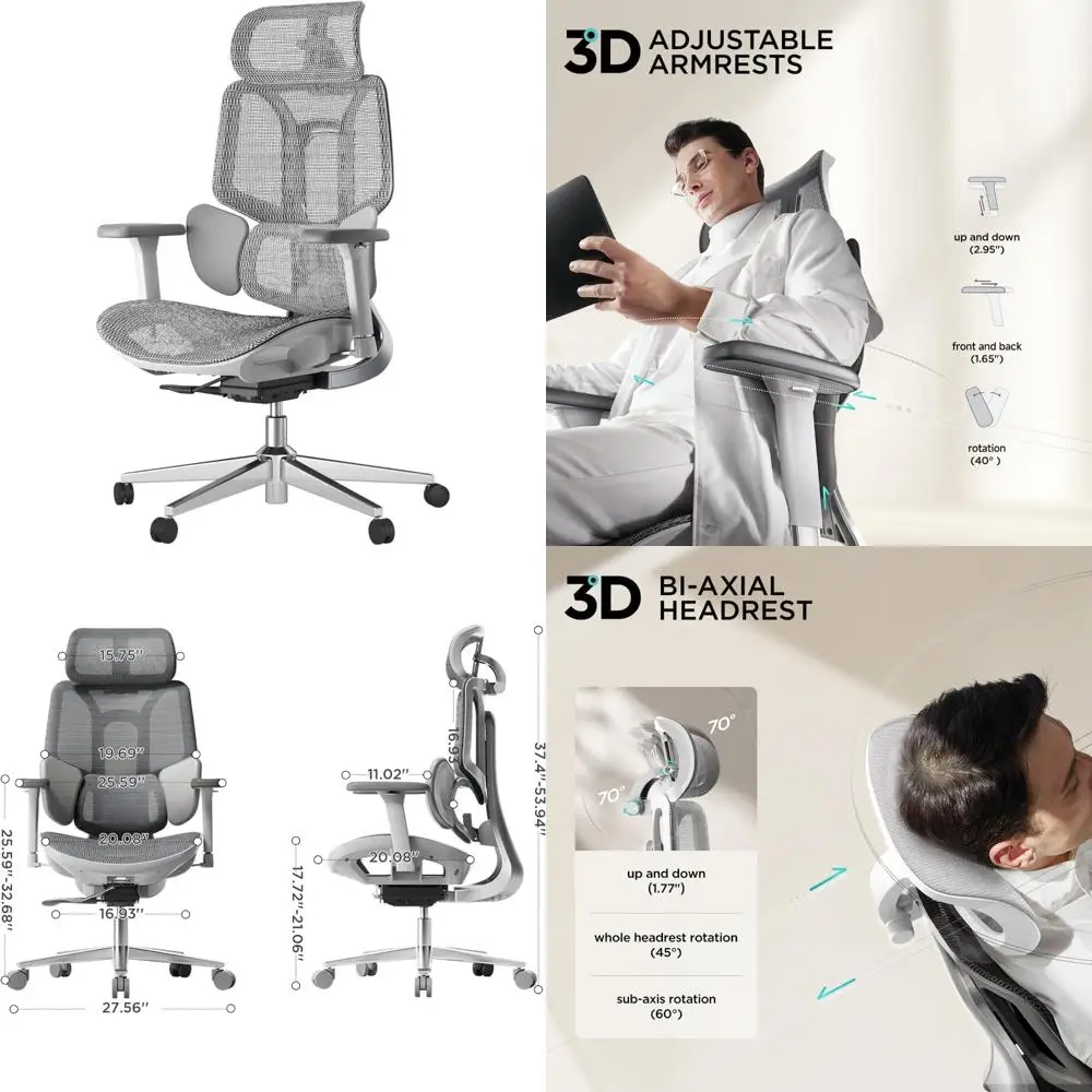 

Ergonomic Big and Tall Office Chair - 3-Zone Lumbar Support, Adjustable Headrest, 3D Armrests