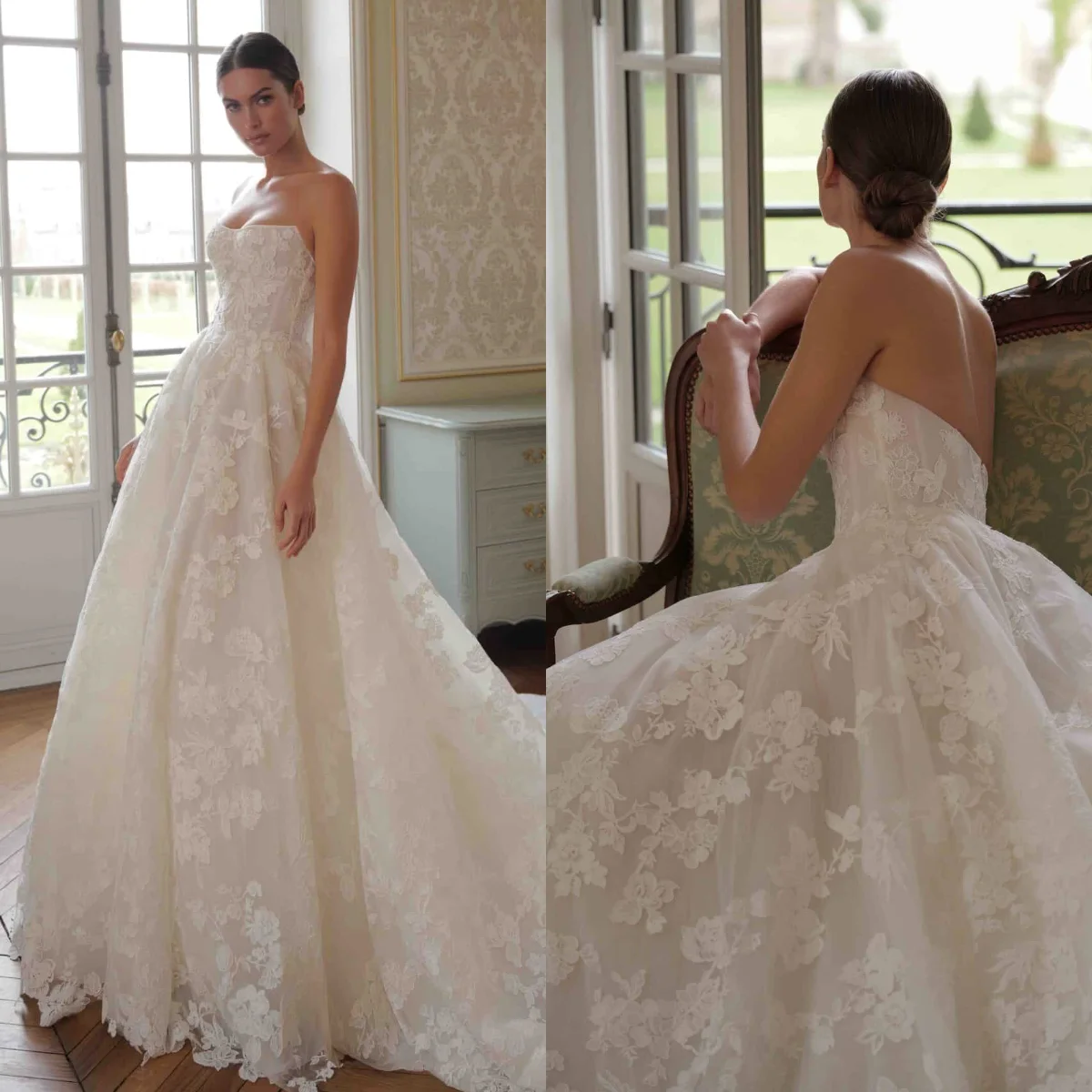 

Elegant Lace Wedding Dresses Strapless Appliqued Vestidos De Novia Illusion Backless Sweep Train Bridal Gowns Customized