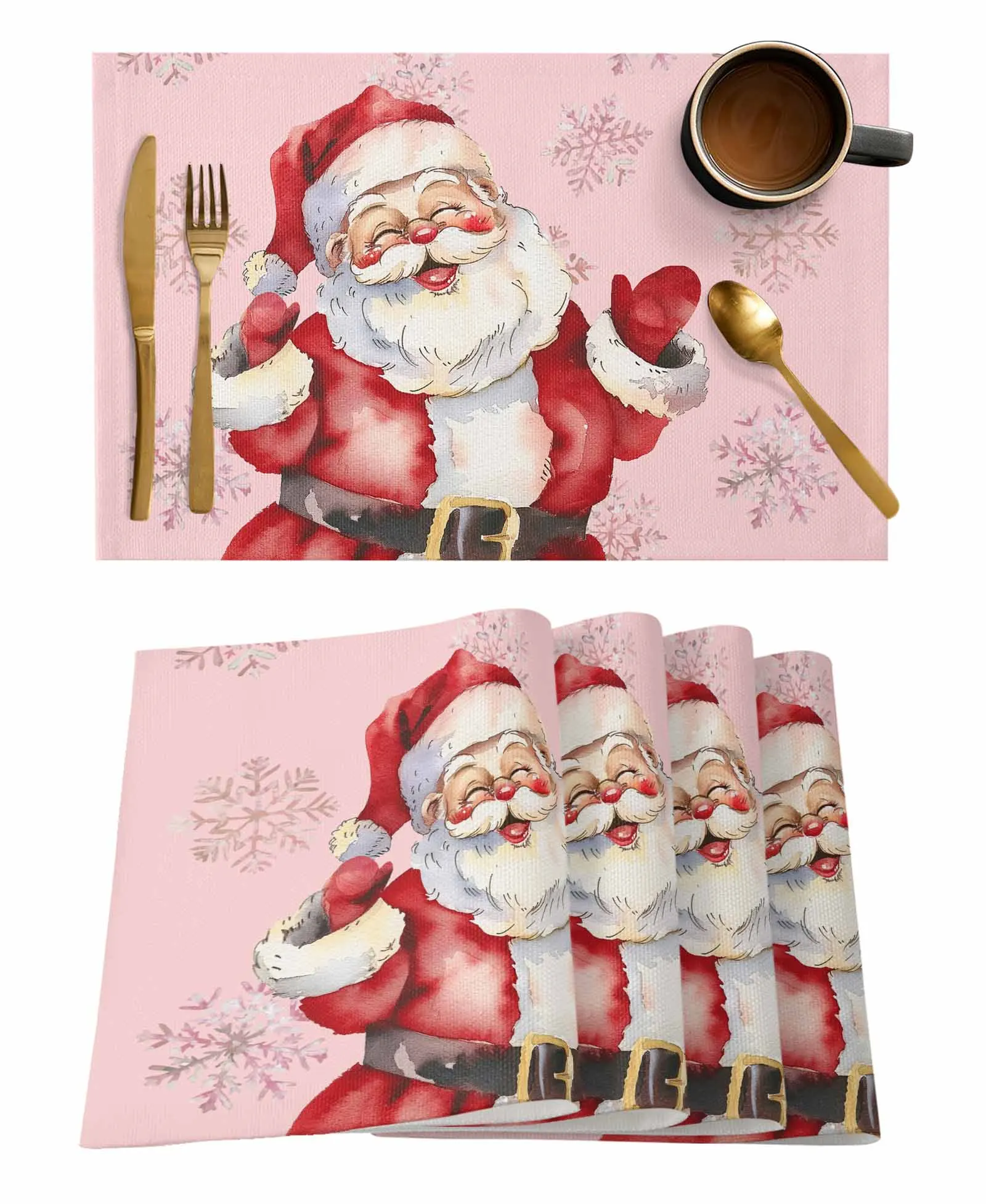 Christmas Watercolor Snowflake Retro Santa Claus Table Runners for Dining Room Home Tablecloth 4/6 Pcs Placemats Table Cover