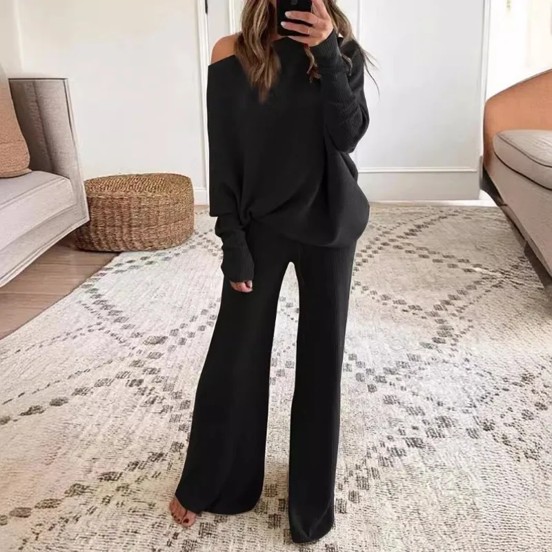 Autumn Ribbed Two Piece Set for Women Elegant Fashion Long Sleeve One Shoulder Hoodies Top Wide Leg Pants Suit Outfits Tracksuit