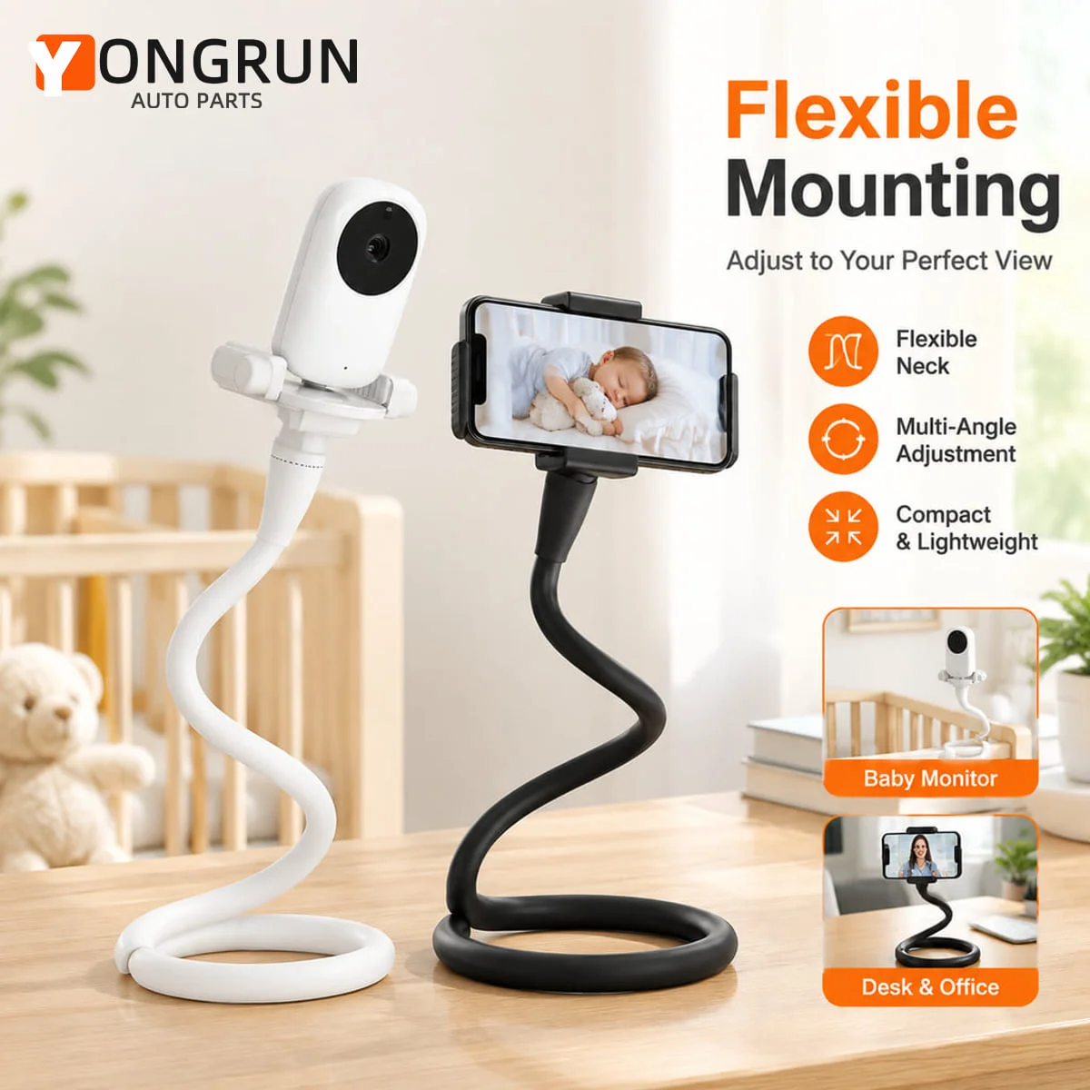 YONGRUN Flexible Phone Holder Camera Monitor Mount Adjustable Clamp Arm for Desk Bedside Crib Office Streaming Home Storage