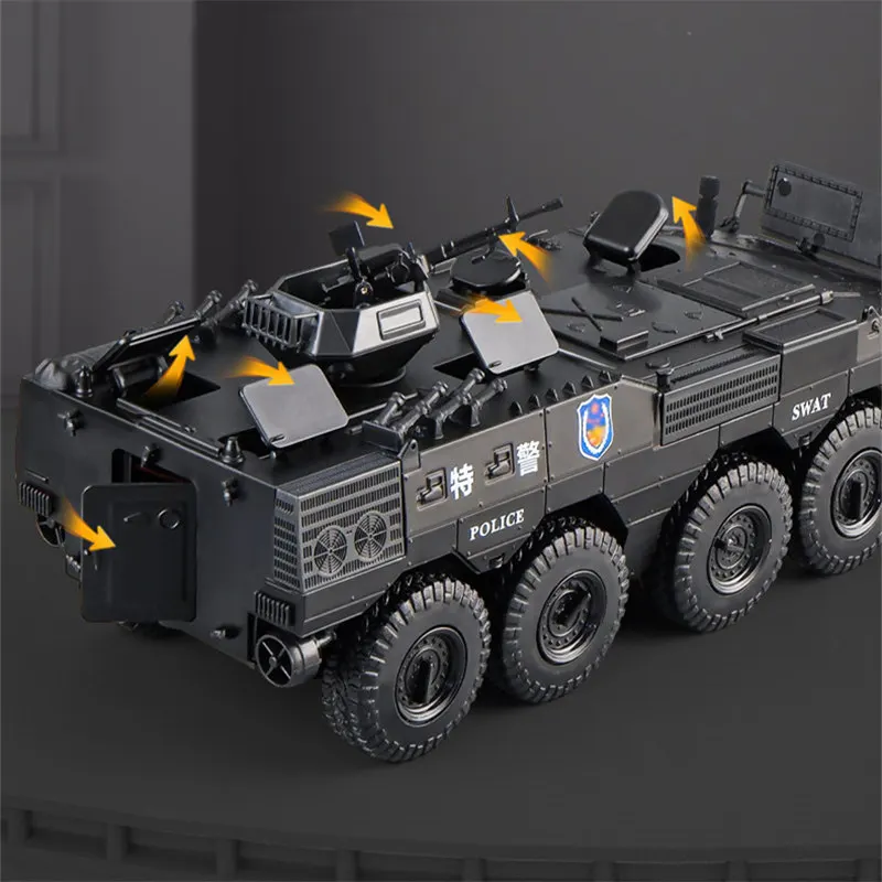 1:24 Alloy Armored Car Truck Model Diecast Toy Police Explosion Proof Car Infantry Fighting Vehicles Model Sound Light Kids Gift