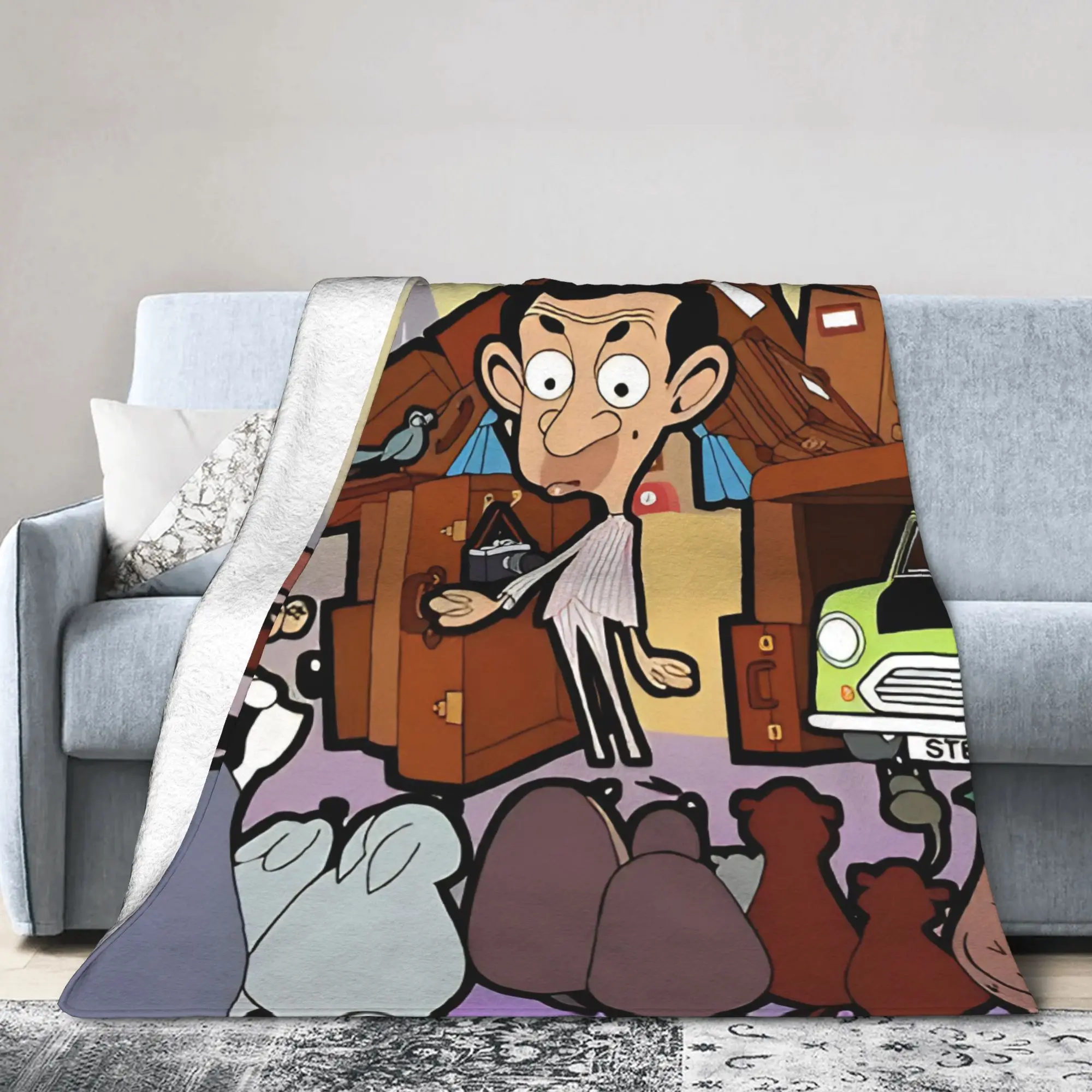 Mr. Beans  Knitted Blanket Cartoon   Flannel Throw Blanket Summer Air Conditioning Printed Lightweight Bedsprea,